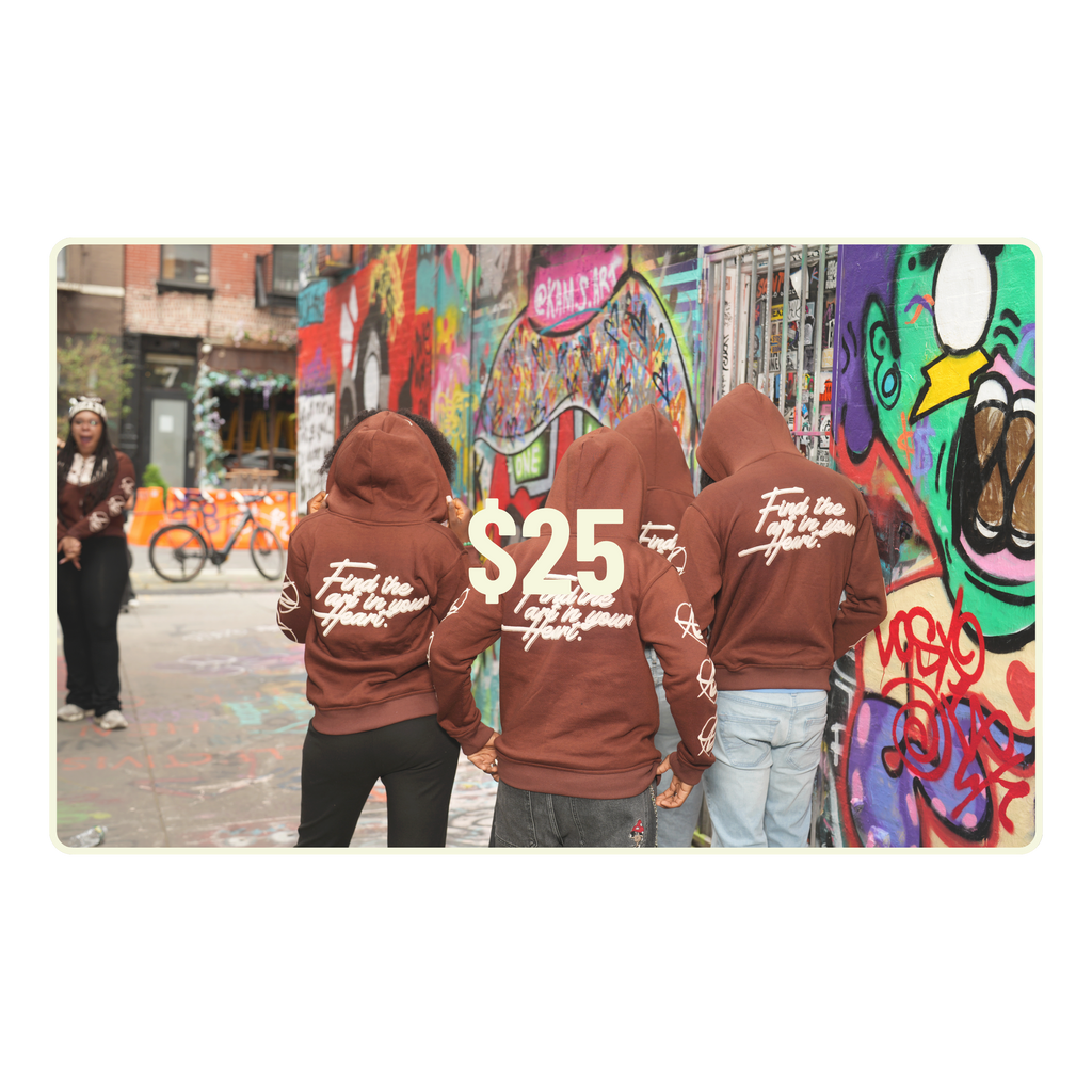Three people wearing brown hoodies with text in front of a colorful graffiti wall.